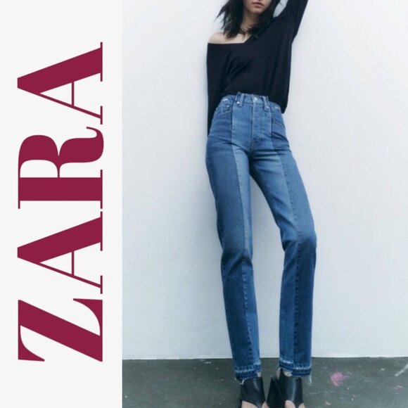 NWT ZARA CONTRAST 2-TONE CROPPED STRAIGHT LEG MID RISE, SIZE 12 - Picture 3 of 16